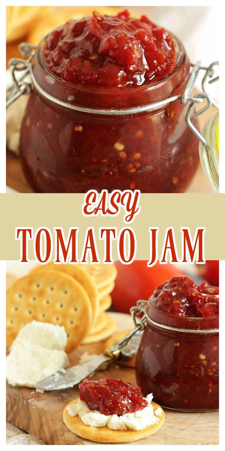 an easy tomato jam recipe in a jar with crackers and cheese on the side