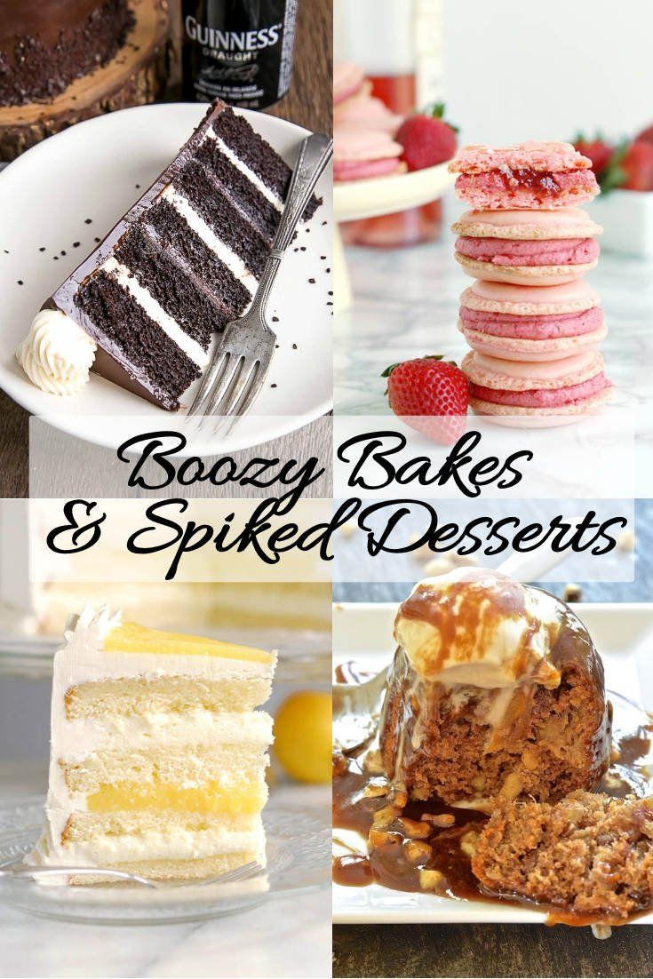 four different types of cakes and baked desserts on plates with the words boozy bakes and spiced desserts