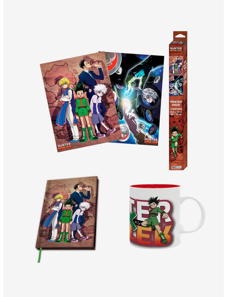 an image of anime characters on the cover of a book and coffee mug with matching coasters