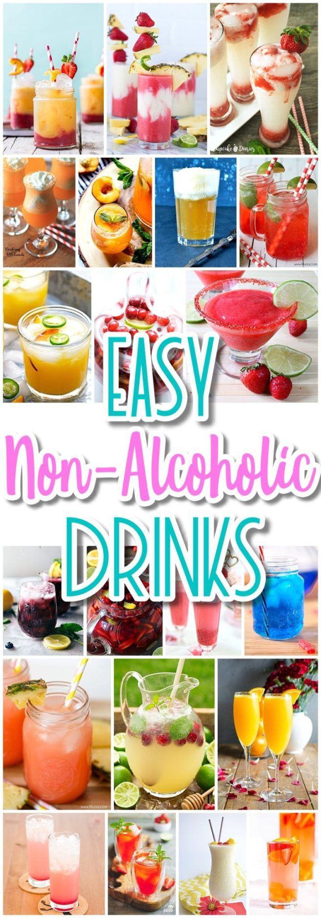 easy non - alcoholic drinks collage with the words, easy non - alcoholic drinks