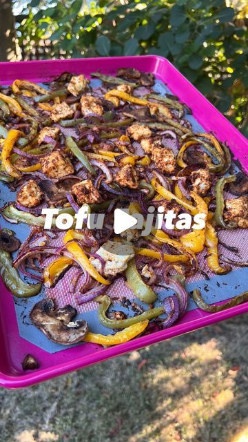 a purple tray filled with lots of food on top of a grass covered park area