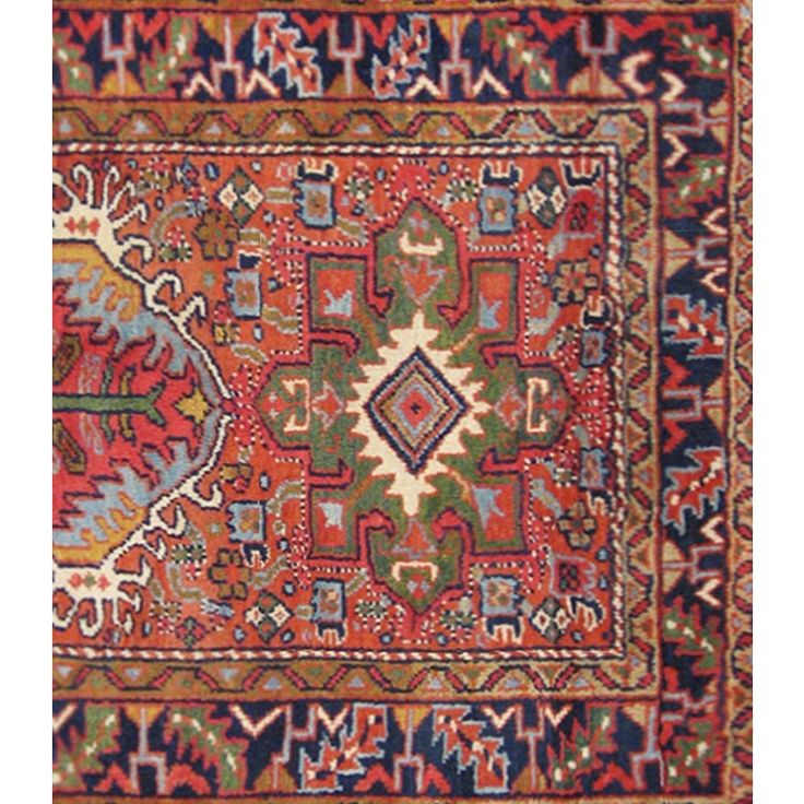 Antique Persian Heriz Karaja Oriental rug, size 4'4" x 3'6".  An antique Persian Heriz Karaja oriental rug, size 4'4" x 3'6", circa 1920. This handsome hand-woven geometric rug features multiple medallions in the classic red primary field. The central field is enclosed within an outer border in blue tones with repeating geometrical figures. The short wool pile is even throughout, and the rug is in excellent condition for its age and weaving style. A great value, and an excellent choice for an en Antique Turkish Rug, Antique Persian Rug, Antique Carpets, Persian Area Rugs, Persian Carpet, Blue Tones, Geometric Rug, Persian Rug, Hand Woven