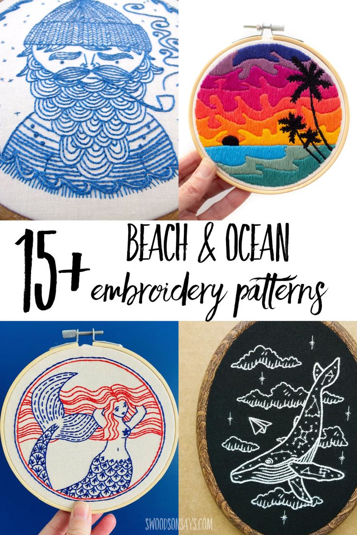 beach and ocean embroidery patterns with text overlay that reads, 15 + beach & ocean embroidery patterns