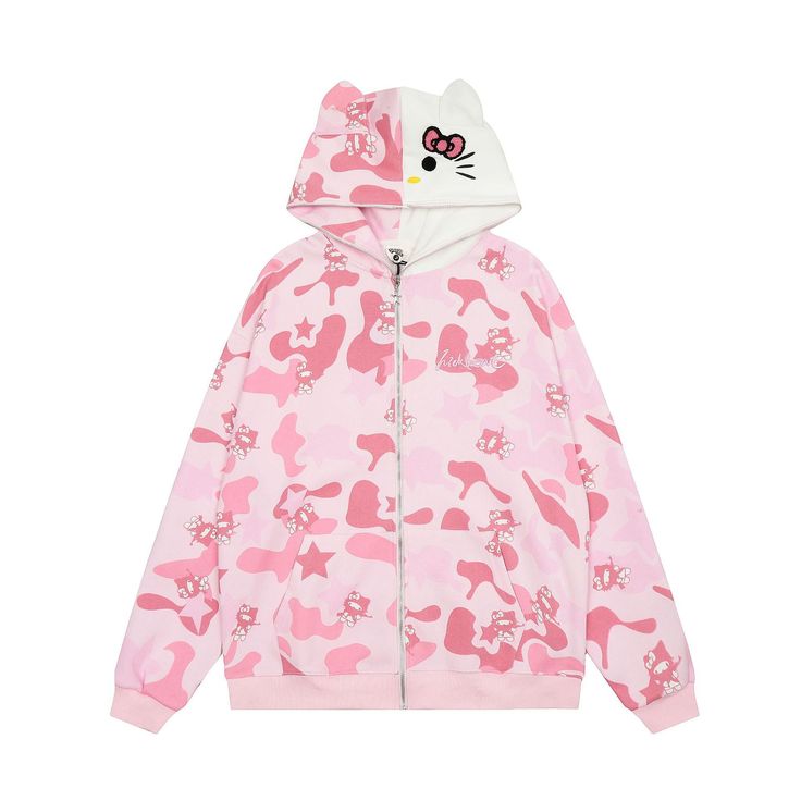 Hello Kitty Camouflage Hoodie  Pink S  - VONVEX Hello Kitty Outfit, Hello Kitty Hoodie, Images Hello Kitty, Kitty Clothes, Hello Kitty Clothes, Camouflage Hoodie, Pink Hello Kitty, Camo Hoodie, Hoodie Coat