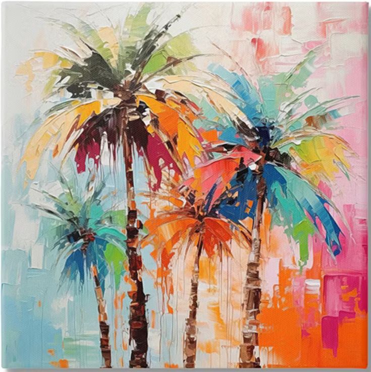 a painting of three palm trees painted in bright colors on an acrylic canvas