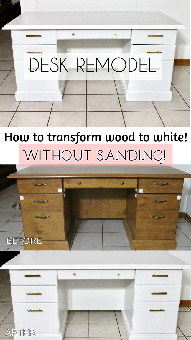 the before and after photos of a desk with white drawers, wood top and bottom