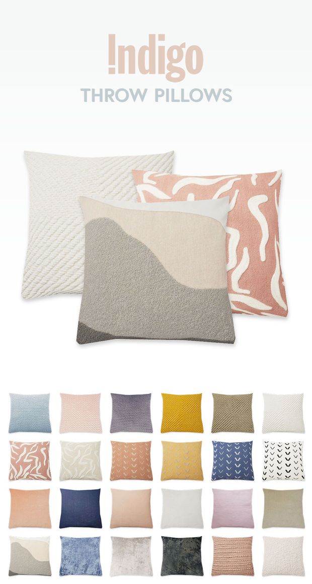 pillows with different colors and patterns on them, including the words indigo throw pillows in multiple sizes