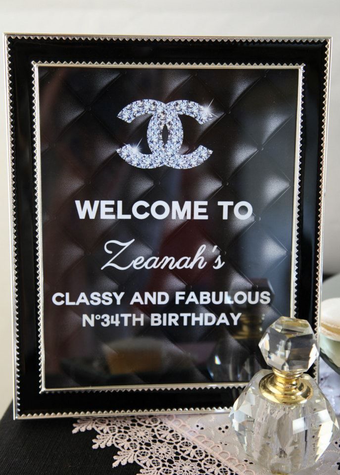 a welcome sign for a classy and fabulous 13th birthday with chanel logo on it