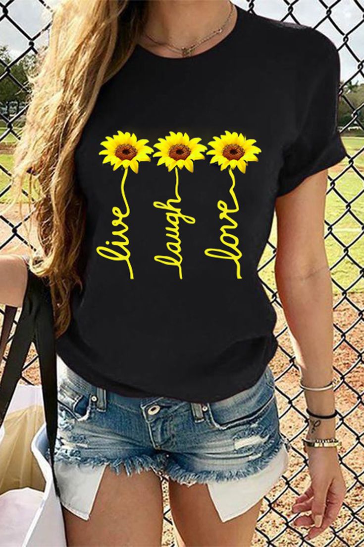 Live Laugh Love Sunflower Black T-shirt Black T-shirt With Sunflower Print For Spring, Black Floral Print Casual T-shirt, Spring Black T-shirt With Sunflower Print, Trendy Black Floral Print T-shirt, Casual Black T-shirt With Floral Print, Casual Black Floral Print T-shirt, Black Floral Print Crew Neck T-shirt, Top Graphic Tees, Loose Blouse