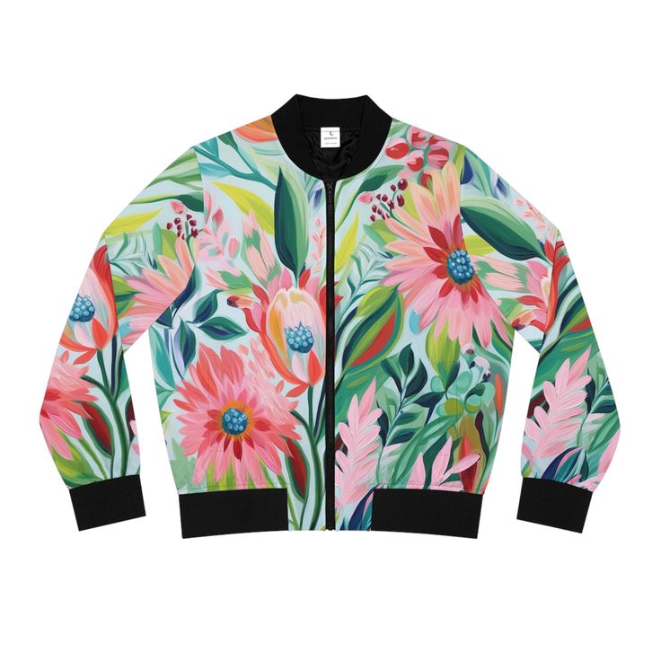 Step up your style game with this iconic bomber jacket with bold spring flowers - a true statement piece that's set to elevate your wardrobe. Boasting a stand-collar design and ribbed cuffs, collar, and hem, this jacket isn't just stylish, it's built to last. Crafted from 100% polyester, it offers both durability and comfort in equal measure. With its regular fit and sleek black lining, collar, cuffs, and hem, this bomber jacket exudes effortless cool. Complete with a copper zipper closure, it's the epitome of contemporary chic. Ready to make a statement? Slip into this bomber and own your style like never before. Spring Floral Print Outerwear With Stand Collar, Spring Track Jacket With Ribbed Cuffs For Streetwear, Spring Streetwear Track Jacket With Ribbed Cuffs, Trendy Spring Track Jacket With Ribbed Cuffs, Trendy Track Jacket With Ribbed Cuffs For Spring, Trendy Graphic Print Spring Outerwear, Spring Streetwear Track Jacket With Graphic Print, Graphic Print Track Jacket For Spring Streetwear, Spring Outerwear With Ribbed Cuffs