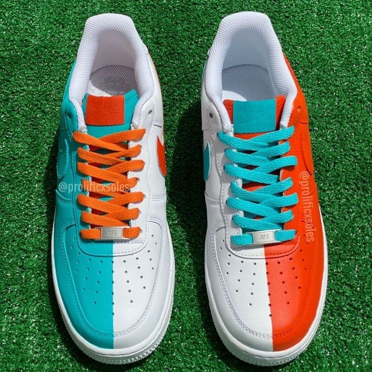 Hand painted Orange/Turquoise Split pattern on authentic white Air Force 1s. Painted with water resistant and non cracking leather paint. Laces are included. Sizing Details Choose size carefully, Air Force 1's run big so we recommend you get a half size smaller than your usual size. Blue Hand Painted Leather Custom Sneakers, Blue Leather Custom Hand Painted Sneakers, White Custom Leather Sneakers With Waterproof Paint, White Leather Custom Sneakers With Waterproof Paint, White Air Force 1s, Lv Sneakers, Custom Jordans, Air Force Shoes, White Air Forces