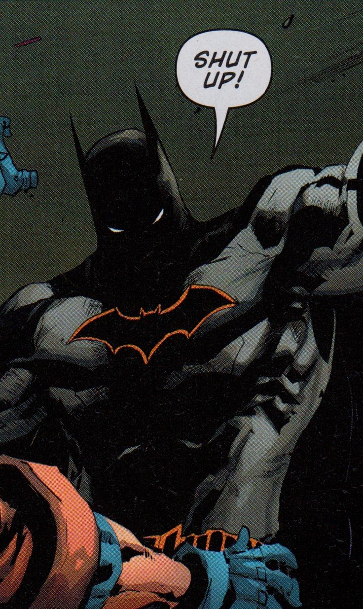 a comic panel with the batman saying shut up and another man holding his hand out in front of him