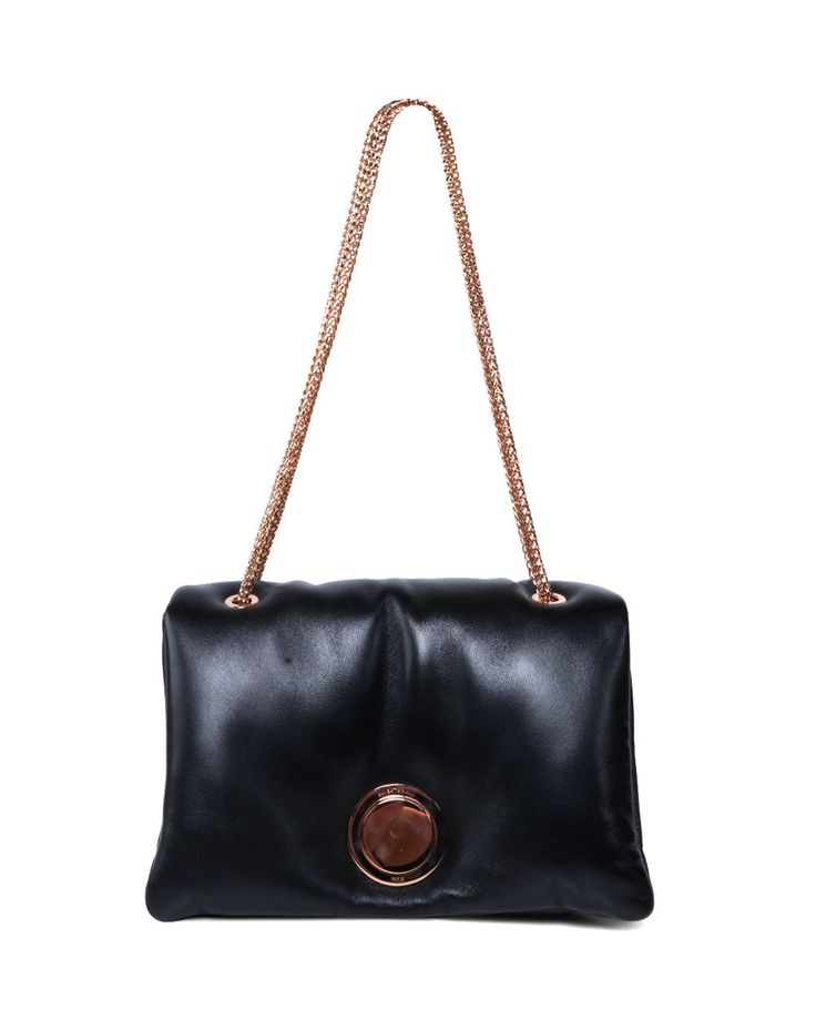 Giambattista Valli Small Airbag Cushion Bag in Black Flat Top with snap closure Front button open/close closure Metal chain Double interior pockets Back exterior pocket 9.44” x 7.08” x 4.72” Made in Italy Giambattista Valli, Flats Top, Black Flats, Metal Chain, Snap Closure, In Italy, Cushions, Exterior, Italy