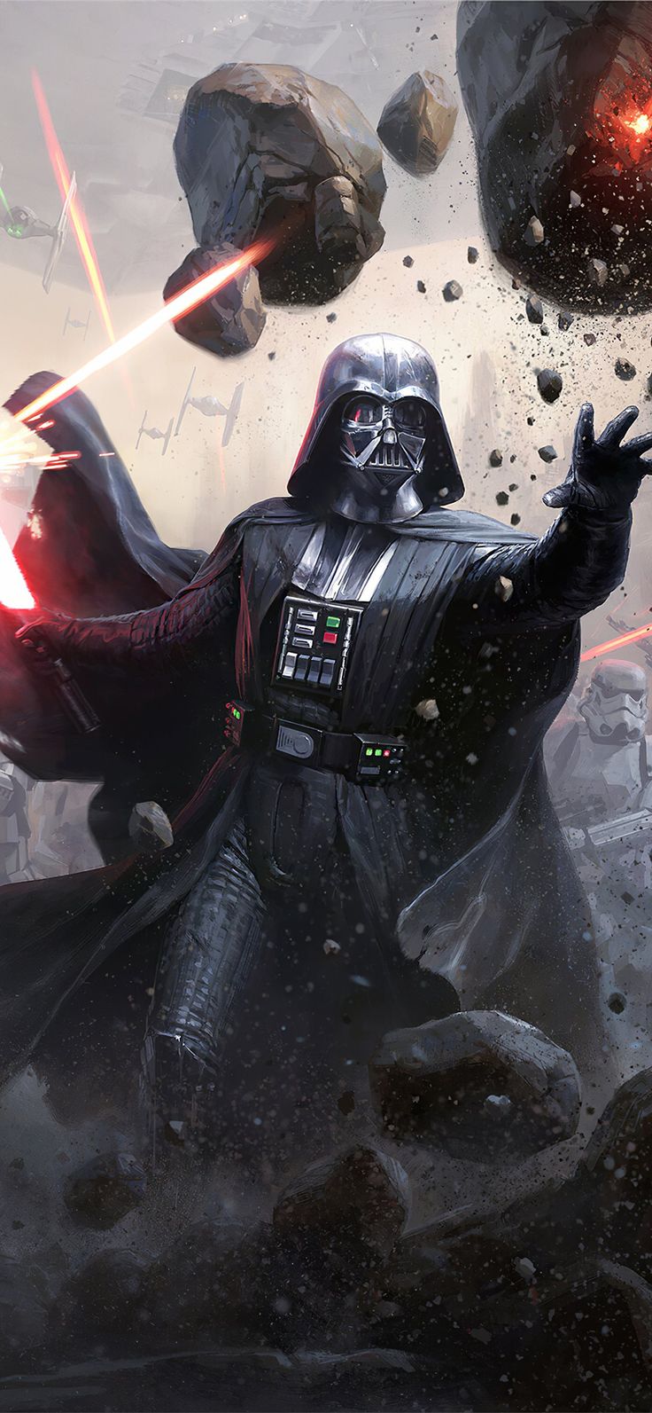 darth vader in action with his lights on, and two other characters behind him