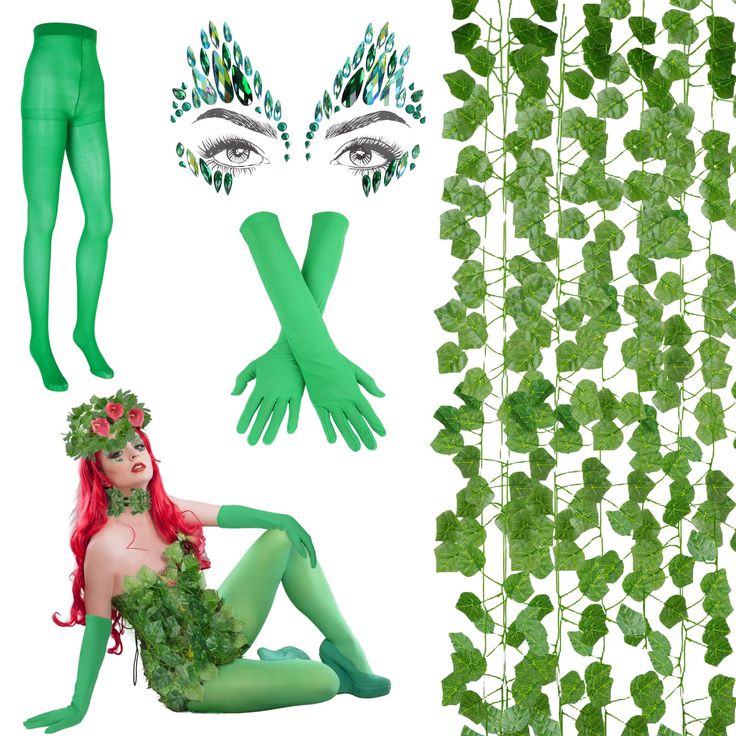 PRICES MAY VARY. What You Will Receive: the package comes with 1 pair of fingerless satin gloves, 1 pieces of green tight, 6 pieces of artificial ivy garland and 1 piece of green face jewel, a nice combination set for you to meet your different decorating needs High Quality Materials: Our ivy costume ensures a smooth touch and wear resistance, soft and comfortable, suitable for daily wear. The stems of the vines are made of plastic, making them resistant to fading or breaking, providing you with Poison Ivy Dress, Rhinestone Tattoo, Beetlejuice Halloween Costume, Poison Ivy Halloween Costume, Batman Costume Diy, Ivy Cosplay, Green Costume, Ivy Costume, Poison Ivy Cosplay