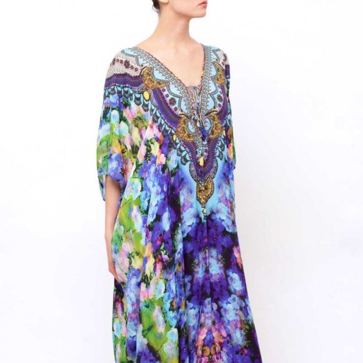 Brand - Shahida Parides One Size Fits ( 2-14 ) Usa Size Kaftan Dress Multi Wear 3 Ways To Different Style Shahida Long Kaftan Dress Convertible Kaftan One Of 3 Ways For Style You'll Love! Versatility Ensures You'll Never Be Bored Of This V-Neck Lace Up Kaftan! - V-Neck, Halter, Off-The-Shoulder Neckline Handmade Kaftan - Approx. 58”-60" Long Kaftan - Viscose Silk Crepe Kaftan Dress Women's Caftan Dress_long_caftan_for_women Spring Kaftan With Embellished Kimono Sleeves, Spring Embellished Kaftan With Kimono Sleeves, Bohemian Embellished Silk Kaftan, Embellished Silk Bohemian Kaftan, Summer Embellished Dress With Kimono Sleeves, Elegant Embellished Multicolor Kaftan, Embellished Silk Kaftan For The Beach, Silk Purple Kaftan For Spring, Multicolor Embellished V-neck Maxi Dress