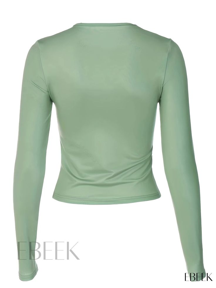 Ebeek - Flattering Body Contour Print T-shirt, Fashionable Crew Neck Long Sleeve Slim Fit T-shirt, Womens Apparel Green Fitted Long Sleeve T-shirt, Fitted Solid Tops With Letter Print, Green Stretch T-shirt For Fall, Fitted Green Tops With Letter Print, Green Fitted Top With Letter Print, Trendy Green Stretch Shirt, Green Fitted Crew Neck Top, Fitted Green Crew Neck Top, Green Stretch Tops With Letter Print