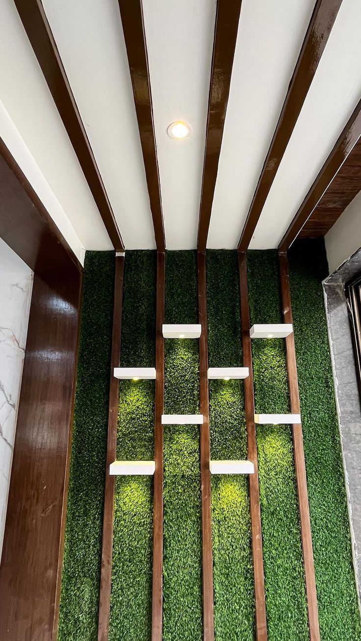 the grass is growing on the side of the wall in this room with wood slats