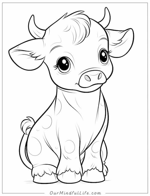 a baby cow with big eyes sitting down and looking at the camera, coloring page