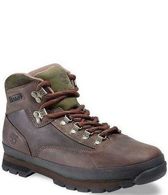 Timberland Men's "Euro Hiker" Hiking Boots | Dillard's High-top Lace-up Hiking Boots With Leather Sole, Classic Outdoor Lace-up Boots With Reinforced Toe, Rugged Lace-up Work Boots With Leather Sole, Brown Leather Lace-up Boots For Outdoor Activities, Brown Timberland Ankle Lace-up Boots, Leather Lace-up Walking Shoes For Hiking, Brown Walking Shoes With Rubber Sole For Adventure, Brown Lace-up Leather Shoes For Outdoor, Brown Rubber Sole Walking Shoes For Adventure