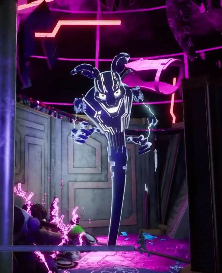 an animated figure standing in the middle of a room with neon lights on it's walls