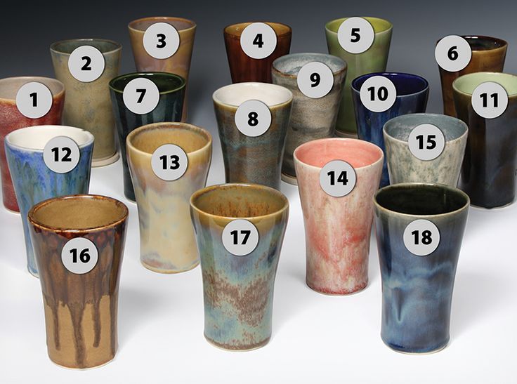 a number of different colored cups with numbers on them and numbered in the same row