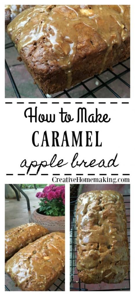 how to make caramel apple bread on a wire rack with text overlay that reads, how to make caramel apple bread