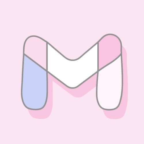 the letter m is made up of pink and blue shapes on a light pink background