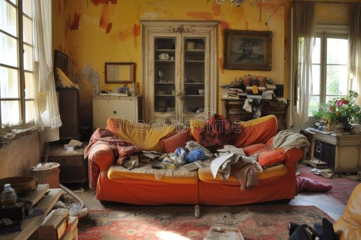 Messy Living room rubbish food. Generate Ai royalty free stock photo Messy Living Room Aesthetic, Messy Home Aesthetic, Trashed Room, Poor Room, Messy Living Room, Red Apartment, Messy Home, Visualization Board, Gamma Rays