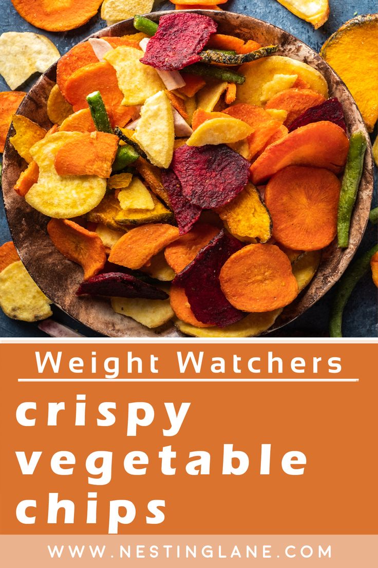 a plate full of crispy vegetable chips with text overlay reading weight watchers crispy vegetable chips