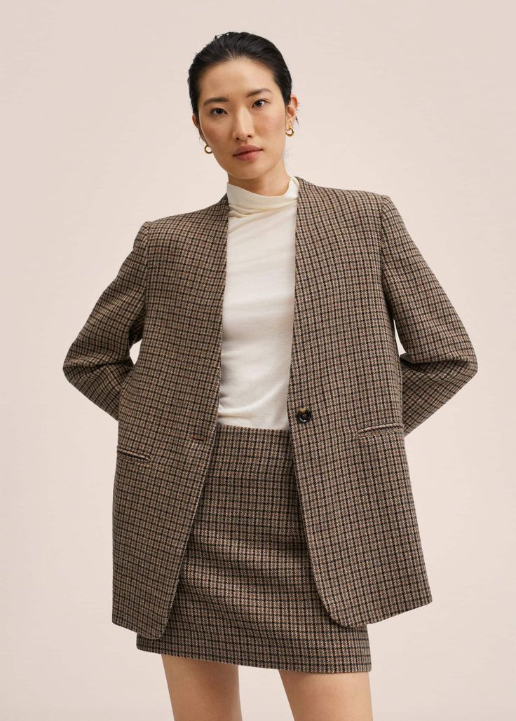 Belt check blazer - Women | Mango United Kingdom Mango Shorts, Check Blazer, Blazer And Skirt, Checked Blazer, Houndstooth Blazer, Smart Casual Outfit, Winter Skirt, Stylish Work Outfits, Peak Lapel