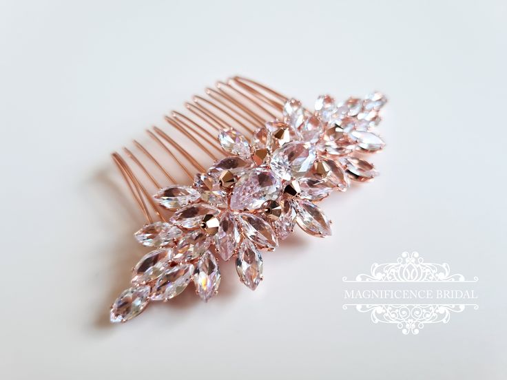 "Rose gold bridal comb, Rose gold headpiece, bridal hair comb, rose gold comb, bridal headpiece, wedding comb, gold leaf headpiece, rose gold wedding, rose gold, rose gold hair comb, rose gold leaf comb, wedding headpiece, HARPER Limited edition small design rose gold comb, made of clear stones and Swarovski Rose gold bicone beads in rose gold settings and comb. ♥Size of design:  Width approx. 3.3 cm / 1.3\" Length approx. 8.3 cm /3.3\" Please read carefully all information given about dimension Rose Gold Headband, Rose Gold Headpiece, Wedding Rose Gold, Rose Gold Accessories, Leaf Headpiece, Wedding Comb, Wedding Rose, Gold Headpiece, Headpiece Bridal