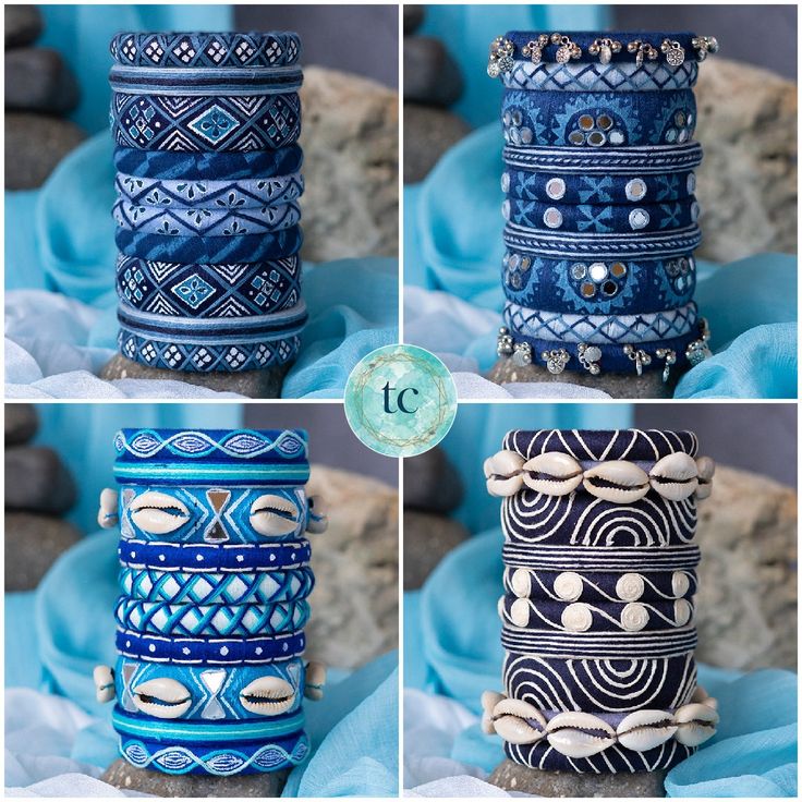 four different types of blue and white vases sitting on top of each other,