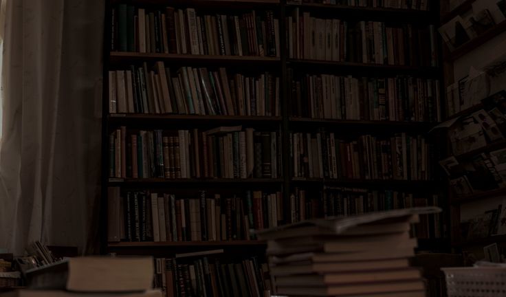 a room filled with lots of books next to a window