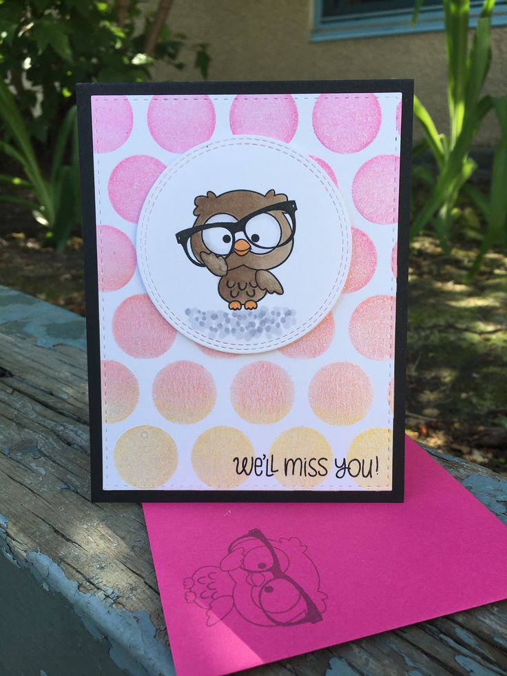 a close up of a card with an owl on it's face and the words well miss you