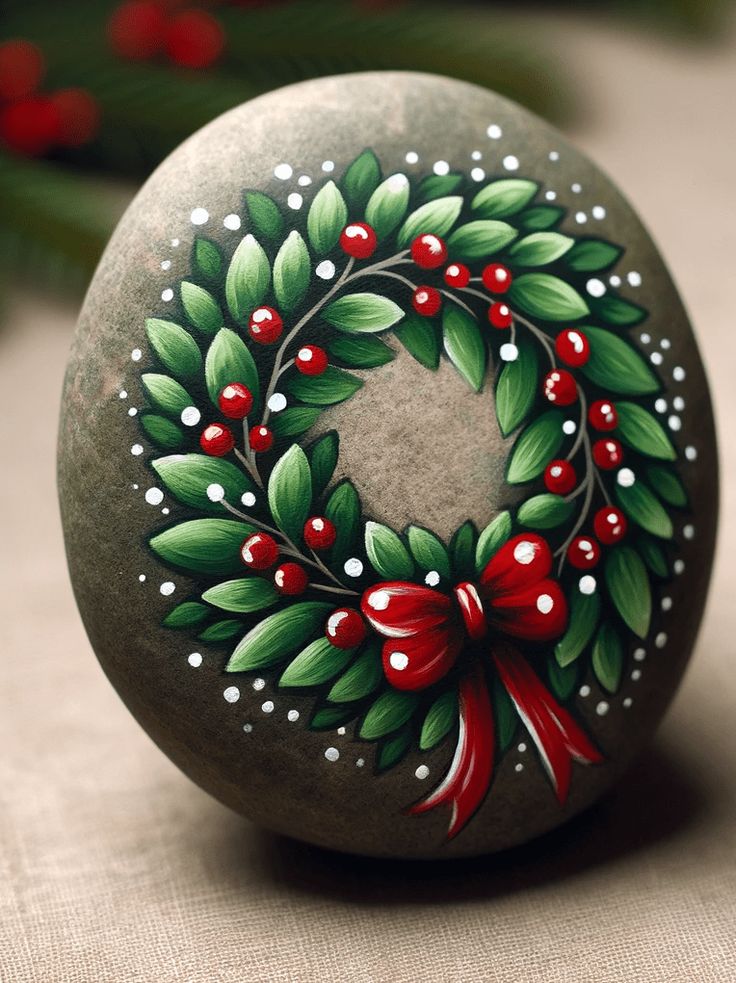 a painted rock sitting on top of a table next to a christmas wreath and red bow