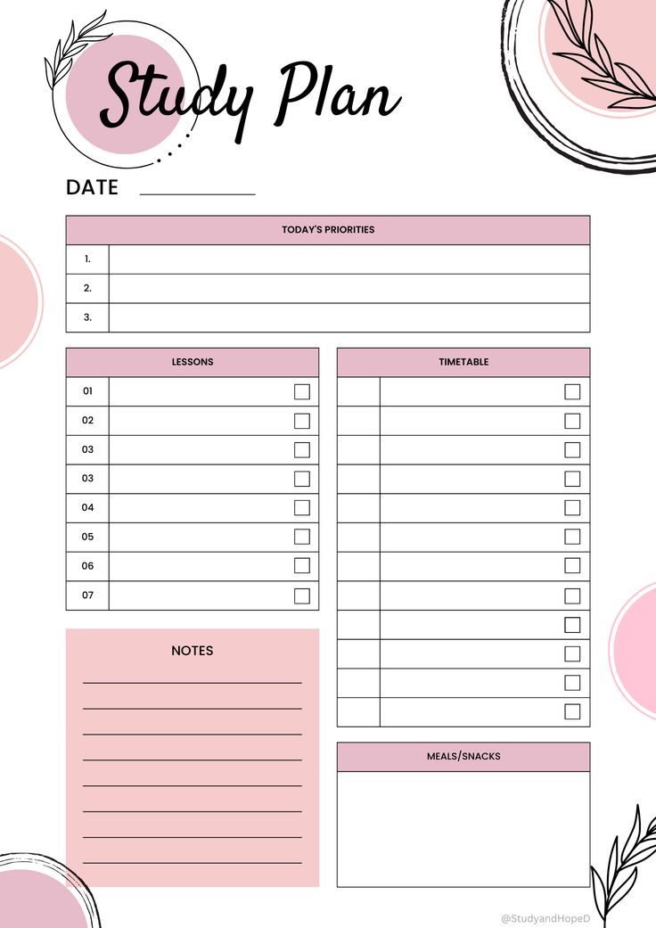 a pink and white study plan with leaves on it