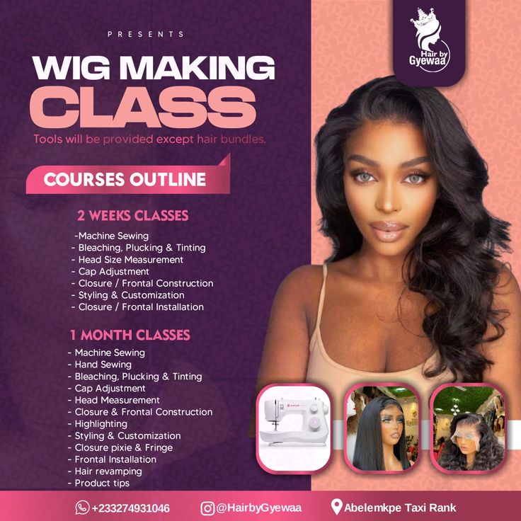 a flyer for a hair salon with an image of a woman's face and the words wig making class