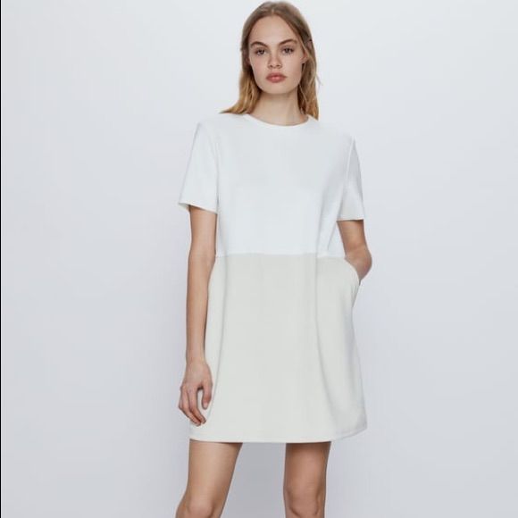 Zara | Faux Suede Dress. Brand New With Tags Shift A-line Mini Dress For Daywear, White A-line Short Sleeve Dress For Spring, Casual Cream A-line Mini Dress, Cream Mini Length Work Dresses, Chic White A-line Mini Dress, Daywear Shift Fit A-line Mini Dress, Daywear A-line Shift Mini Dress, Chic Off White Knee-length Mini Dress, Beige Shift Mini Dress