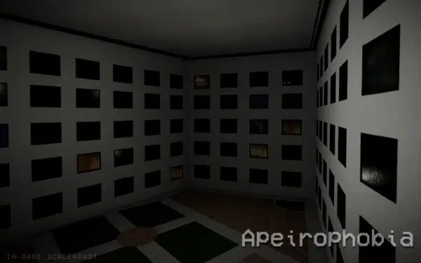 an empty room with black and white squares on the walls