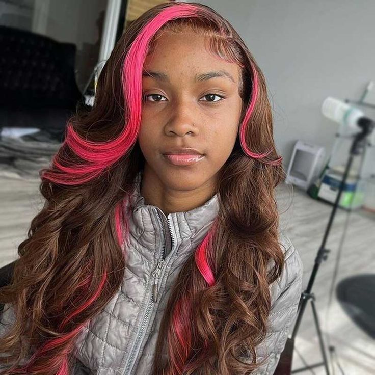 Product Details: Wig Type 13x4 Lace Frontal Wig Material 100% Human Hair, Last for 1+ years Texture Body Wave Density 180% or 250% Color Brown Color with Pink Stripe Lace Transparent Lace Cap Size Standard Medium Size (S or L size custom pls contact customer service) Features Pre-plukced Hairline Handling Time Ship within 24 hours after payment Delivery Time 3-5 Business Days Free Shipping Return Policy Free Return within 30 Days Skunk Stripe Wig, Brown And Pink Hair, Natural Waves Hair, Skunk Stripe, Birthday Hairstyles, 100 Human Hair Wigs, Hair Color Pink, Human Virgin Hair, Body Wave Hair