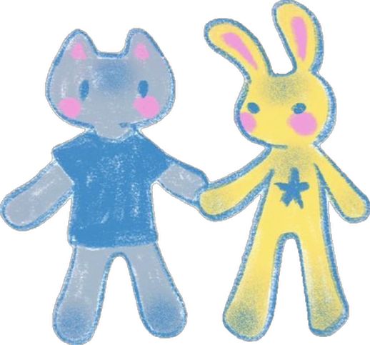 two stuffed animals holding hands with each other in front of a white background, one is blue and the other is yellow