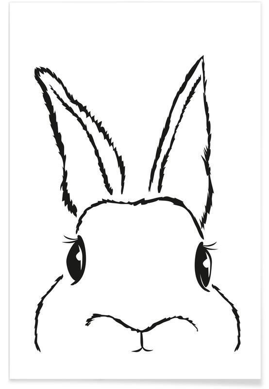 a black and white drawing of a rabbit's face with big ears, looking straight ahead