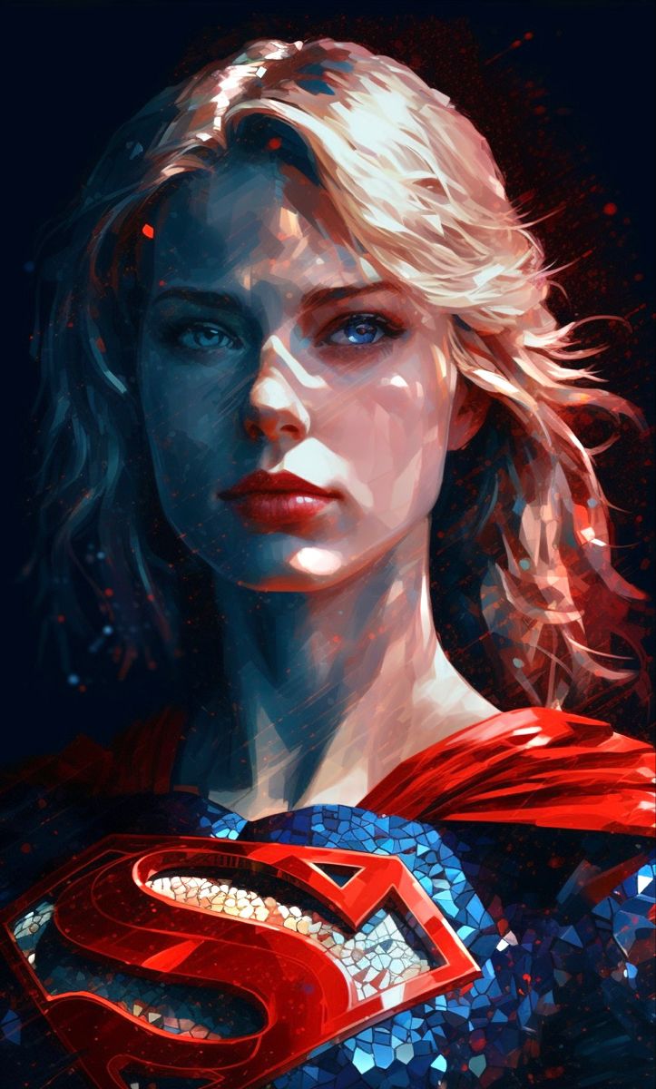 a painting of a woman with blonde hair and blue eyes, wearing a superman costume