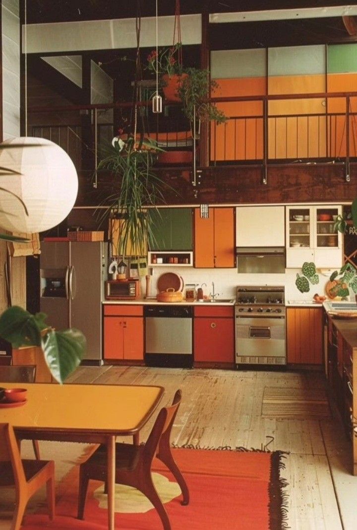 an open kitchen and dining area with wooden flooring, potted plants on the wall