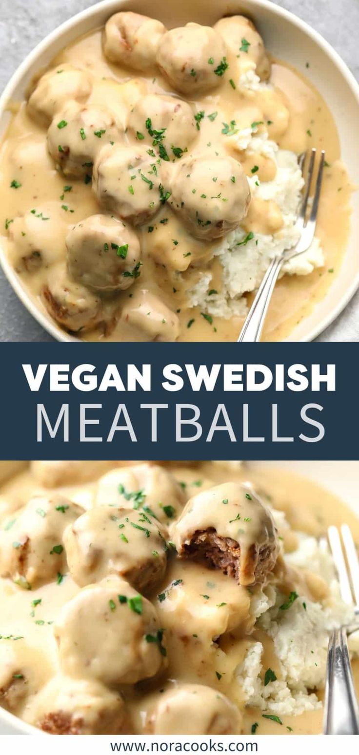 vegan swedish meatballs with gravy and mashed potatoes