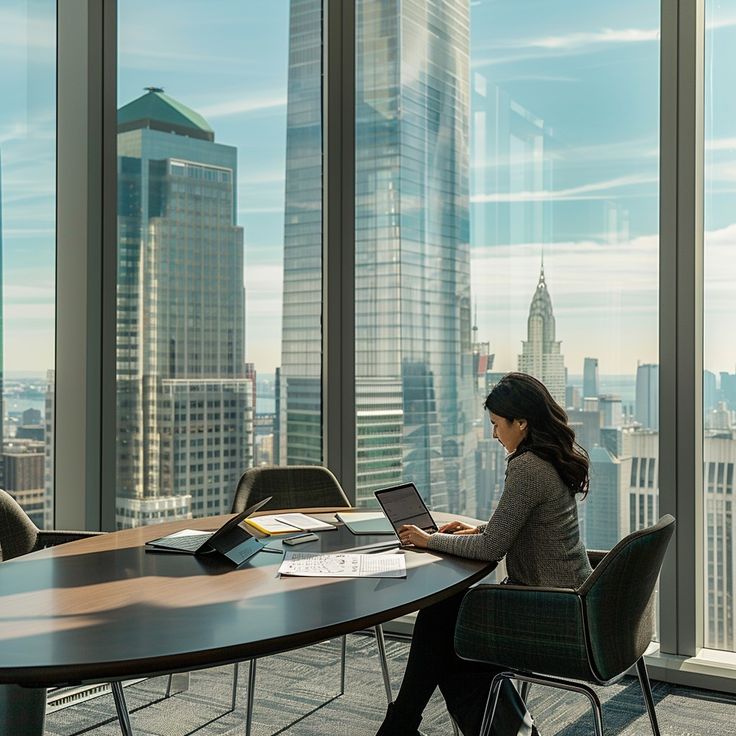 a woman sitting at a table in an office looking out the window