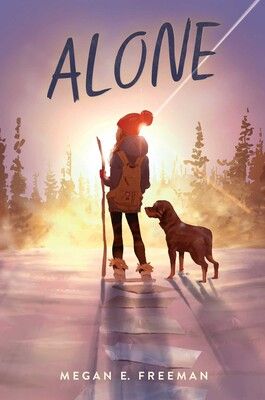 there is a book cover with a person and a dog on the street at sunset