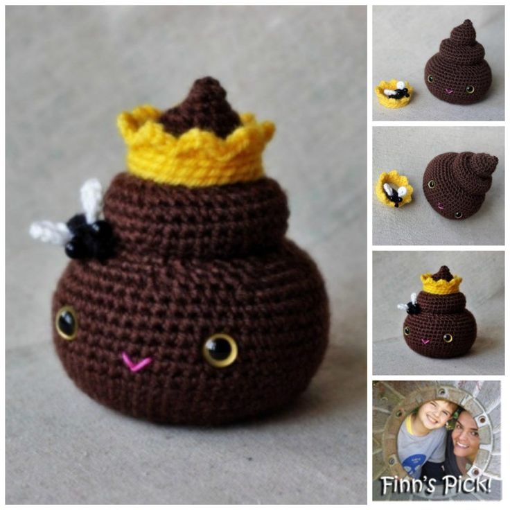 there is a crocheted bee with a crown on it's head and two other items in the background