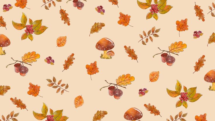 watercolor fall leaves and acorns on a peach background with red berries, yellow leaves